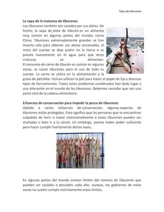 Tipos de tiburones


La sopa de la matanza de tiburones
Los tiburones también son cazados por sus aletas. De
hecho, la sopa de aleta de tiburón es un alimento
muy común en algunas partes del mundo, como
China. Tiburones extremadamente grandes se han
muerto sólo para obtener sus aletas cercenadas, el
resto del cuerpo se deja pudrir en la tierra o es
puesto nuevamente en el agua para que otras
criaturas                 se                 alimenten.
El consumo de carne de tiburón es común en algunas
zonas, se cazan tiburones para el uso de todo su
cuerpo. La carne se utiliza en la alimentación y la
grasa de petróleo. Incluso utilizan la piel para hacer el papel de lija y diversos
tipos de herramientas. Todos estos problemas combinados han dado lugar a
una alteración en el mundo de los tiburones. Debemos recordar que son una
parte vital de la cadena alimentaria.

Esfuerzos de conservación para impedir la pesca de tiburones
Debido a varios esfuerzos de conservación, algunas especies de
tiburones están protegidas. Esto significa que las personas que se encuentran
culpables de herir o matar intencionalmente a estos tiburones pueden ser
multadas o bien ir a la cárcel, sin embargo, parece haber poder suficiente
para hacer cumplir fuertemente dichas leyes.




En algunas partes del mundo existen límites del número de tiburones que
pueden ser cazados o pescados cada año, aunque, los gobiernos de estas
zonas no suelen cumplir estrictamente estos límites.
 