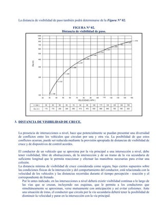 La distancia de visibilidad de paso también podrá determinarse de la Figura N° 02.
FIGURA N° 02.
Distancia de visibilidad de paso.
3. DISTANCIA DE VISIBILIDAD DE CRUCE.
La presencia de intersecciones a nivel, hace que potencialmente se puedan presentar una diversidad
de conflictos entre los vehículos que circulan por una y otra vía. La posibilidad de que estos
conflictos ocurran, puede ser reducida mediante la provisión apropiada de distancias de visibilidad de
cruce y de dispositivos de control acordes.
El conductor de un vehículo que se aproxima por la vía principal a una intersección a nivel, debe
tener visibilidad, libre de obstrucciones, de la intersección y de un tramo de la vía secundaria de
suficiente longitud que le permita reaccionar y efectuar las maniobras necesarias para evitar una
colisión.
La distancia mínima de visibilidad de cruce considerada como segura, bajo ciertos supuestos sobre
las condiciones físicas de la intersección y del comportamiento del conductor, está relacionada con la
velocidad de los vehículos y las distancias recorridas durante el tiempo percepción - reacción y el
correspondiente de frenado.
Por lo antes indicado, en las intersecciones a nivel deberá existir visibilidad continua a lo largo de
las vías que se cruzan, incluyendo sus esquinas, que le permita a los conductores que
simultáneamente se aproximan, verse mutuamente con anticipación y así evitar colisiones. Ante
una situación de éstas, el conductor que circula por la vía secundaria deberá tener la posibilidad de
disminuir la velocidad y parar en la intersección con la vía principal.
 
