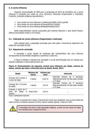 5. A vacina influenza
Segundo recomendação da OMS para a temporada de 2014 do hemisfério sul a vacina
influenza é composta por cepas do vírus Myxovirus influenzae (fragmentada e inativada),
trivalente, contendo antígenos equivalentes à:
 Vírus similar ao vírus influenza A /Califórnia/7/2009 (H1N1) pdm09
 Vírus similar ao vírus influenza A/Texas/50/2012 (H3N2)
 Vírus similar ao vírus influenza B/Massachusetts/2/2012
Serão disponibilizadas vacinas produzidas pelo Instituto Butantan e pela Sanofi Pasteur
(fábrica dos Estados Unidos e na França).
5.1. Indicação da vacina influenza (fragmentada e inativada)
Está indicada para a população priorizada para esta ação e encontra-se disponível nos
postos de vacinação do SUS.
5.2. Esquema de vacinação
A vacinação é anual, devido às mudanças das características dos vírus influenza
consequentes da diversidade antigênica e genômica a cada ano.
A Figura 6 detalha o esquema de vacinação e via de administração para as crianças que
estarão recebendo a vacina pela primeira vez.
Figura 6: Demonstrativo do esquema vacinal para influenza por idade, número de
doses, volume por dose e intervalo entre as doses, Brasil, 2014.
Idade
Número de
doses
Volume por
dose
Intervalo
Crianças de 6 meses a
2 anos de idade
2 doses 0,25 ml
Intervalo mínimo de 4 semanas.
Operacionalmente 30 dias após receber
a 1ª dose
Crianças de 3 a 8 anos
de idade
2 doses 0,5 ml
Intervalo mínimo de 4 semanas.
Operacionalmente 30 dias após receber
a 1ª dose
Crianças a partir de 9
anos de idade e
adultos
Dose única 0,5 ml _
Fonte: CGPNI/DEVIT/SVS/MS
Todas as crianças de 6 meses a menores de 9 anos que receberam uma ou duas doses da
vacina contra a influenza sazonal em 2013, devem receber apenas 1 dose em 2014.
A vacinação será para a toda população indígena, a partir de seis meses de idade,
com atenção para o esquema acima.
 