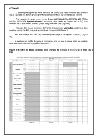 ATENÇÃO!
O boletim para registro de doses aplicadas em criança que serão vacinadas pela primeira
vez, é separado dos demais grupos prioritários considerando as especificidades do registro:
Crianças entre 6 meses e menores de 9 anos VACINADAS PELA PRIMEIRA VEZ COM A
VACINA INFLUENZA (primovacinadas) receberão duas doses da vacina (D1 e D2) com
intervalo de 30 dias entre a primeira (D1) e a segunda dose (D2) (Figura 9).
Crianças de 6 meses a menores de 9 anos, anteriormente vacinadas receberão a dose
anual da campanha (DU) e deverá ser registrado no campo DU (Figura 9
Um boletim específico será disponibilizado para o registro da segunda dose (D2) (Figura
10).
A avaliação do cartão de vacina é necessária, uma vez que a criança pode ter recebido
dose anterior em outro serviço público ou privado.
Figura 9: Boletim de doses aplicadas para crianças de 6 meses a menores de 9 anos (DU e
D1)
 