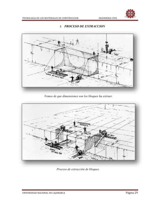TECNOLOGIA DE LOS MATERIALES DE CONSTRUCCION INGENIERIA CIVIL
UNIVERSIDAD NACIONAL DE CAJAMARCA Página 29
1. PROCESO DE EXTRACCION
Vemos de que dimensiones son los bloques ha extraer.
Proceso de extracción de bloques.
 
