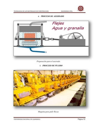 TECNOLOGIA DE LOS MATERIALES DE CONSTRUCCION INGENIERIA CIVIL
UNIVERSIDAD NACIONAL DE CAJAMARCA Página 32
4. PROCESO DE ASERRADO
Preparación para el aserrado.
5. PROCESO DE PULIDO
Maquina para pulir Rocas
 