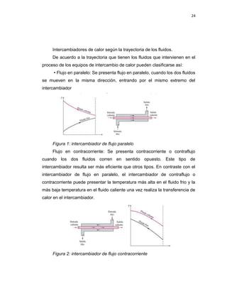 24
Intercambiadores de calor según la trayectoria de los fluidos.
De acuerdo a la trayectoria que tienen los fluidos que intervienen en el
proceso de los equipos de intercambio de calor pueden clasificarse así:
• Flujo en paralelo: Se presenta flujo en paralelo, cuando los dos fluidos
se mueven en la misma dirección, entrando por el mismo extremo del
intercambiador
Figura 1: intercambiador de flujo paralelo
Flujo en contracorriente: Se presenta contracorriente o contraflujo
cuando los dos fluidos corren en sentido opuesto. Este tipo de
intercambiador resulta ser más eficiente que otros tipos. En contraste con el
intercambiador de flujo en paralelo, el intercambiador de contraflujo o
contracorriente puede presentar la temperatura más alta en el fluido frio y la
más baja temperatura en el fluido caliente una vez realiza la transferencia de
calor en el intercambiador.
Figura 2: intercambiador de flujo contracorriente
 
