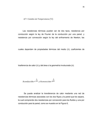 36
∆𝑇 = �𝑎�𝑏𝑖𝑜 𝑑𝑒 𝑇𝑒�𝑝𝑒�𝑎�𝑢�𝑎 (°�)
Las resistencias térmicas pueden ser de dos tipos, resistencia por
conducción según la ley de Fourier de la conducción por una pared, y
resistencia por convección según la ley del enfriamiento de Newton, las
cuales dependen de propiedades térmicas del medio (𝑘), coeficientes de
trasferencia de calor (ℎ) y del área o la geometría involucrada (�).
�𝑐𝑜𝑛𝑑𝑢𝑐𝑐𝑖ó𝑛 = � �𝑐𝑜𝑛𝑣𝑒𝑐𝑐𝑖o𝑛 =
Se puede analizar la transferencia de calor mediante una red de
resistencias térmicas asociadas con los dos flujos y la pared que los separa,
la cual comprende dos resistencias por convección para los fluidos y una por
conducción para la pared, como se muestra en la Figura 6.
 