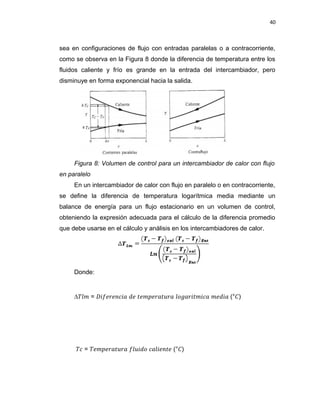 40
sea en configuraciones de flujo con entradas paralelas o a contracorriente,
como se observa en la Figura 8 donde la diferencia de temperatura entre los
fluidos caliente y frío es grande en la entrada del intercambiador, pero
disminuye en forma exponencial hacia la salida.
Figura 8: Volumen de control para un intercambiador de calor con flujo
en paralelo
En un intercambiador de calor con flujo en paralelo o en contracorriente,
se define la diferencia de temperatura logarítmica media mediante un
balance de energía para un flujo estacionario en un volumen de control,
obteniendo la expresión adecuada para el cálculo de la diferencia promedio
que debe usarse en el cálculo y análisis en los intercambiadores de calor.
Donde:
∆𝑇�� = 𝐷𝑖�𝑒�𝑒𝑛𝑐𝑖𝑎 𝑑𝑒 �𝑒�𝑝𝑒�𝑎�𝑢�𝑎 �𝑜�𝑎�𝑖��𝑖𝑐𝑎 �𝑒𝑑𝑖𝑎 (°�)
𝑇𝑐 = 𝑇𝑒�𝑝𝑒�𝑎�𝑢�𝑎 ��𝑢𝑖𝑑𝑜 𝑐𝑎�𝑖𝑒𝑛�𝑒 (°�)
 