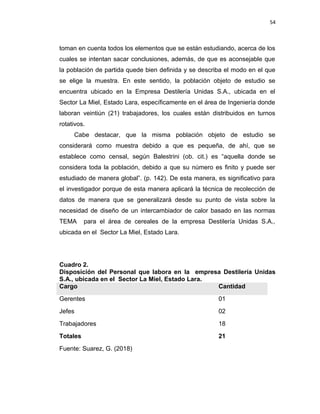 54
toman en cuenta todos los elementos que se están estudiando, acerca de los
cuales se intentan sacar conclusiones, además, de que es aconsejable que
la población de partida quede bien definida y se describa el modo en el que
se elige la muestra. En este sentido, la población objeto de estudio se
encuentra ubicado en la Empresa Destilería Unidas S.A., ubicada en el
Sector La Miel, Estado Lara, específicamente en el área de Ingeniería donde
laboran veintiún (21) trabajadores, los cuales están distribuidos en turnos
rotativos.
Cabe destacar, que la misma población objeto de estudio se
considerará como muestra debido a que es pequeña, de ahí, que se
establece como censal, según Balestrini (ob. cit.) es “aquella donde se
considera toda la población, debido a que su número es finito y puede ser
estudiado de manera global”. (p. 142). De esta manera, es significativo para
el investigador porque de esta manera aplicará la técnica de recolección de
datos de manera que se generalizará desde su punto de vista sobre la
necesidad de diseño de un intercambiador de calor basado en las normas
TEMA para el área de cereales de la empresa Destilería Unidas S.A.,
ubicada en el Sector La Miel, Estado Lara.
Cuadro 2.
Disposición del Personal que labora en la empresa Destilería Unidas
S.A., ubicada en el Sector La Miel, Estado Lara.
Cargo Cantidad
Gerentes 01
Jefes 02
Trabajadores 18
Totales 21
Fuente: Suarez, G. (2018)
 