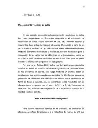 60
- Muy Baja: 0 – 0,20
Procesamiento y Análisis de Datos
En este aspecto, se considera el procesamiento y análisis de los datos,
los cuales proporcionan la información recopilada en el instrumento de
recolección de datos, según Balestrini, M. (ob. cit.) “permiten recontar y
resumir los datos antes de introducir el análisis diferenciado a partir de los
procedimientos estadísticos”. (p. 165). De este modo, se define este proceso
mediante elementos cuantitativos y cualitativos, que son necesarios para la
recolección de los datos que se obtendrán en la investigación. Luego de
recopilados, será necesario analizarlos de una forma clara para así poder
describir la información que poseen los trabajadores.
Por otra parte, Sabino (2003) indica que la investigación cuantitativa
consiste en “referir información socialmente significativa de personas acerca
de los problemas en estudio, para luego mediante un análisis, sacar las
conclusiones que se correspondan con los datos” (p. 88). De esta manera, se
presentará la tabulación, que consistirá en mostrar datos estadísticos en
forma de tablas o cuadros, así, se confrontaran estos resultados con los
planteamientos expuestos en el marco teórico, a fin de determinar su
veracidad. Ello reafirmará la interpretación de la información obtenida en la
realidad objeto de estudio.
Fase II: Factibilidad de la Propuesta
Para obtener resultados óptimos en la propuesta, se atenderán los
objetivos específicos del proyecto y a la naturaleza del mismo. De ahí, que
 