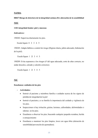 NANDA

00047 Riesgo de deterioro de la integridad cutánea R/c alteración de la sensibilidad

NOC

1101 integridad tisular: piel y mucosas

Indicadores:

190202: Supervisa diariamente los pies.

    Escala liquen 1 2 3 4 5

190205: Adapta hábitos a control de riesgo (Higiene diaria, jabón adecuado, hidratación
de la piel).

    Escala liquen 1 2 3 4 5

190209: Evita exponerse a los riesgos (tª del agua adecuada, corte de uñas correcto, no
andar descalzo, calzado y calcetín correctos).

    Escala liquen 1 2 3 4 5




NIC

Enseñanza: cuidados de los pies

    -   Actividades:
               Instruir al paciente y miembros familia o cuidador acerca de los signos de
               pérdida de integridad de la piel
               Instruir al paciente y a su familia la importancia del cuidado y vigilancia de
               los pies.
               Inspeccionar si hay irritación, grietas, lesiones, callosidades, deformidades o
               edemas en los pies.
               Enseñanza a observar los pies, buscando cualquier pequeña rozadura, herida
               o enrojecimiento
               Enseñanza a mantener los pies limpios, lavar con agua tibia (alteración de
               sensibilidad prevención de quemadura).



                                                  13
 