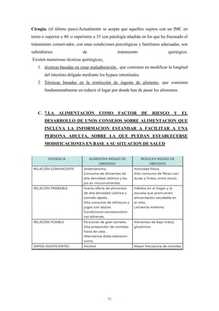 Cirugía. (el último paso).Actualmente se acepta que aquellos sujetos con un IMC en
torno o superior a 40, o superiores a 35 con patología añadida en los que ha fracasado el
tratamiento conservador, con unas condiciones psicológicas y familiares adecuadas, son
subsidiarios                 de                  tratamiento                 quirúrgico.
Existen numerosas técnicas quirúrgicas:
   1. técnicas basadas en crear malaabsorción , que consisten en modificar la longitud
       del intestino delgado mediante los bypass intestinales
   2. Técnicas basadas en la restricción de ingesta de alimento, que consisten
       fundamentalmente en reducir el lugar por donde han de pasar los alimentos.




   C. 7.LA     ALIMENTACIÓN           COMO       FACTOR         DE   RIESGO      Y   EL
       DESARROLLO DE UNOS CONSEJOS SOBRE ALIMENTACION QUE
       INCLUYA LA INFORMACION ESTANDAR A FACILITAR A UNA
       PERSONA ADULTA, SOBRE LA QUE PUEDAN ESTABLECERSE
       MODIFICACIONES EN BASE A SU SITUACION DE SALUD




                                           31
 