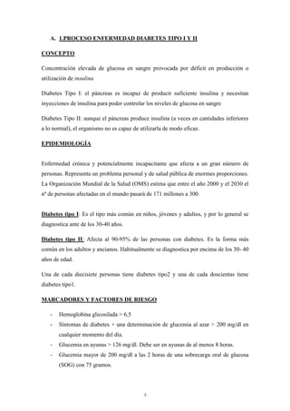 A. 1.PROCESO ENFERMEDAD DIABETES TIPO I Y II

CONCEPTO

Concentración elevada de glucosa en sangre provocada por déficit en producción o
utilización de insulina

Diabetes Tipo I: el páncreas es incapaz de producir suficiente insulina y necesitan
inyecciones de insulina para poder controlar los niveles de glucosa en sangre

Diabetes Tipo II: aunque el páncreas produce insulina (a veces en cantidades inferiores
a lo normal), el organismo no es capaz de utilizarla de modo eficaz.

EPIDEMIOLOGÍA


Enfermedad crónica y potencialmente incapacitante que afecta a un gran número de
personas. Representa un problema personal y de salud pública de enormes proporciones.
La Organización Mundial de la Salud (OMS) estima que entre el año 2000 y el 2030 el
nº de personas afectadas en el mundo pasará de 171 millones a 300.


Diabetes tipo I: Es el tipo más común en niños, jóvenes y adultos, y por lo general se
diagnostica ante de los 30-40 años.

Diabetes tipo II: Afecta al 90-95% de las personas con diabetes. Es la forma más
común en los adultos y ancianos. Habitualmente se diagnostica por encima de los 30- 40
años de edad.

Una de cada diecisiete personas tiene diabetes tipo2 y una de cada doscientas tiene
diabetes tipo1.

MARCADORES Y FACTORES DE RIESGO

   -   Hemoglobina glicosilada > 6,5
   -   Síntomas de diabetes + una determinación de glucemia al azar > 200 mg/dl en
       cualquier momento del día.
   -   Glucemia en ayunas > 126 mg/dl. Debe ser en ayunas de al menos 8 horas.
   -   Glucemia mayor de 200 mg/dl a las 2 horas de una sobrecarga oral de glucosa
       (SOG) con 75 gramos.




                                            4
 