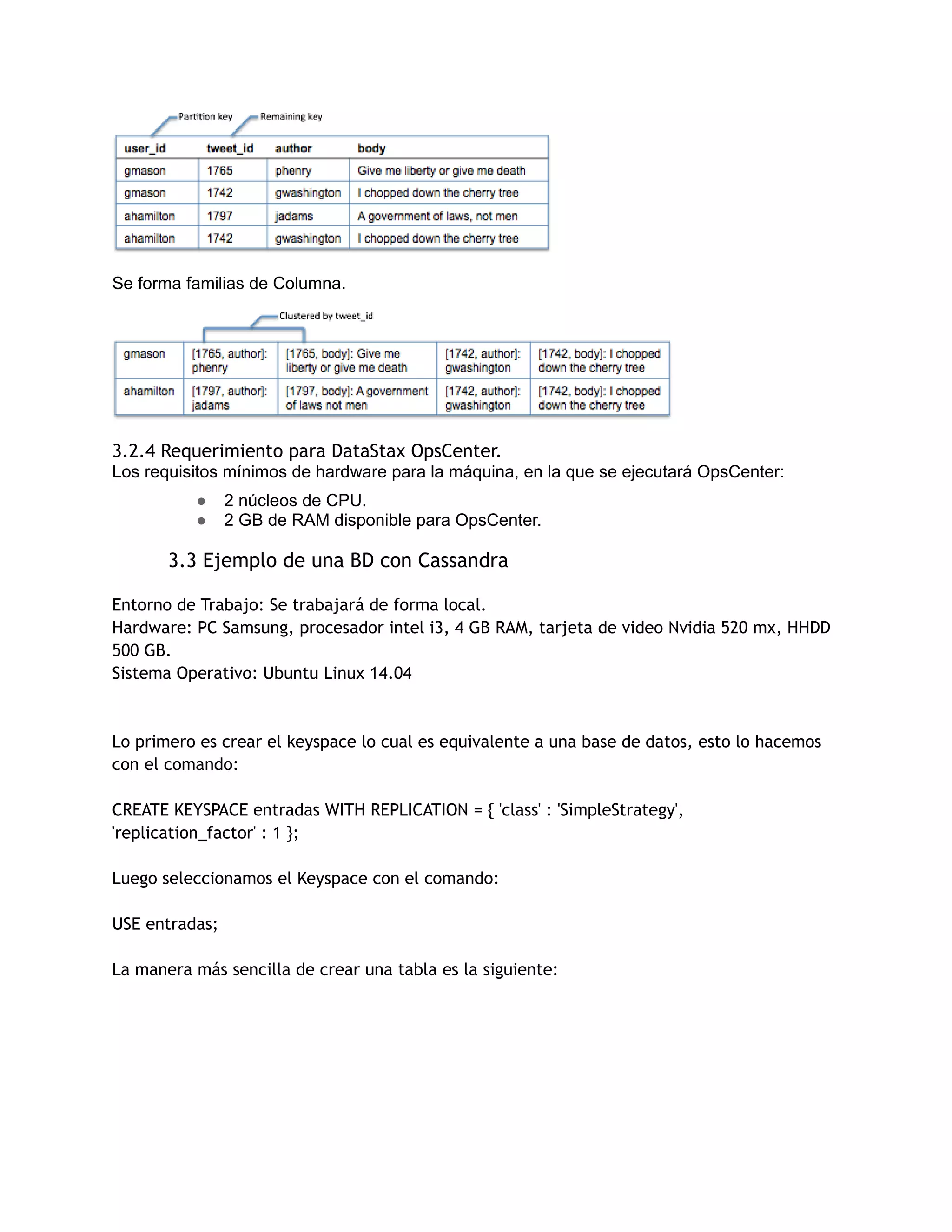 Se forma familias de Columna.
3.2.4 Requerimiento para DataStax OpsCenter.
Los requisitos mínimos de hardware para la máquina, en la que se ejecutará OpsCenter:
● 2 núcleos de CPU.
● 2 GB de RAM disponible para OpsCenter.
3.3 Ejemplo de una BD con Cassandra
Entorno de Trabajo: Se trabajará de forma local.
Hardware: PC Samsung, procesador intel i3, 4 GB RAM, tarjeta de video Nvidia 520 mx, HHDD
500 GB.
Sistema Operativo: Ubuntu Linux 14.04
Lo primero es crear el keyspace lo cual es equivalente a una base de datos, esto lo hacemos
con el comando:
CREATE KEYSPACE entradas WITH REPLICATION = { 'class' : 'SimpleStrategy',
'replication_factor' : 1 };
Luego seleccionamos el Keyspace con el comando:
USE entradas;
La manera más sencilla de crear una tabla es la siguiente:
 