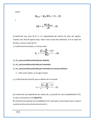 22
Donde:
𝑸𝒎𝒂𝒙 = 𝑸𝒎(𝑲𝑪𝒗 + 𝟏) …(𝟐)
Y
∆𝑸 = ±
𝑨𝑬𝒓𝑸𝒎𝒂𝒙
√𝑵
…(𝟑)
A=coeficiente que varía de 0.7 a 1.5, dependiendo del número de años del registro.
Cuantos más años de registro haya, menor será el valor del coeficiente. Si N es mayor de
40 años, se toma el valor de 0.7
𝐶𝑠=coeficiente de asimetría, se calcula como:
𝐂𝐬 =
∑ (
𝐐𝐢
𝐐𝐦
− 𝟏)𝟑
𝐍
𝐢=𝟏
𝐍𝐂𝐯
𝟑
…(𝟒)
𝐂𝐬= 2𝒄𝒗 para avenidas producidas por deshielo
𝐂𝐬= 3𝒄𝒗 para avenidas producidas por tormentas
𝐂𝐬= 5𝒄𝒗 para avenidas producidas por tormentas en cuencas ciclónicas
 Entre estos valores, se escoge el mayor.
𝒄𝒗= Coeficiente de variación, que se obtiene de la ecuación:
𝒄𝒗 =
√
∑ (
𝑸𝒊
𝑸𝒎
− 𝟏)𝟐
𝑵
𝒊=𝟏
𝑵
… (𝟓)
𝑬𝒓= coeficiente que depende de los valores de 𝑐𝑣 (ecuación 5) y de la probabilidad P=1/T,
su valor se encuentra en la Tabla N°11.
K= coeficiente que depende de la probabilidad P=1/T, expresada en porcentaje de que se repita el
caudal de diseñoydel coeficientede asimetría Cs
 