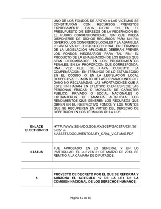 UNO DE LOS FONDOS DE APOYO A LAS VÍCTIMAS SE
CONSTITUIRÁN CON: RECURSOS PREVISTOS
EXPRESAMENTE PARA DICHO FIN EN EL
PRESUPUESTO DE EGRESOS DE LA FEDERACIÓN EN
EL RUBRO CORRESPONDIENTE, SIN QUE PUEDA
DISPONERSE DE DICHOS RECURSOS PARA UN FIN
DIVERSO. LOS CONGRESOS LOCALES Y LA ASAMBLEA
LEGISLATIVA DEL DISTRITO FEDERAL, EN TÉRMINOS
DE LA LEGISLACIÓN APLICABLE, DEBERÁN PREVER
LOS FONDOS NECESARIOS PARA TAL FIN; EL
PRODUCTO DE LA ENAJENACIÓN DE LOS BIENES QUE
SEAN DECOMISADOS EN LOS PROCEDIMIENTOS
PENALES, EN LA PROPORCIÓN QUE CORRESPONDA,
UNA VEZ QUE SE HAYA CUBIERTO LA
COMPENSACIÓN, EN TÉRMINOS DE LO ESTABLECIDO
EN EL CÓDIGO O EN LA LEGISLACIÓN LOCAL
RESPECTIVA; EL MONTO DE LAS REPARACIONES DEL
DAÑO NO RECLAMADAS; LAS APORTACIONES QUE A
ESTE FIN HAGAN EN EFECTIVO O EN ESPECIE LAS
PERSONAS FÍSICAS O MORALES DE CARÁCTER
PÚBLICO, PRIVADO O SOCIAL NACIONALES O
EXTRANJEROS DE MANERA ALTRUISTA; LOS
RENDIMIENTOS QUE GENEREN LOS RECURSOS QUE
OBREN EN EL RESPECTIVO FONDO; Y LOS MONTOS
QUE SE RECUPEREN EN VIRTUD DEL DERECHO DE
REPETICIÓN EN LOS TÉRMINOS DE LA LEY.
ENLACE
ELECTRÓNICO
HTTP://WWW.SENADO.GOB.MX/SGSP/GACETA/62/1/201
3-02-19-
1/ASSETS/DOCUMENTOS/LEY_GRAL_VICTIMAS.PDF
STATUS
FUE APROBADO EN LO GENERAL Y EN LO
PARTICULAR, EL JUEVES 21 DE MARZO DE 2013, SE
REMITIÓ A LA CÁMARA DE DIPUTADOS.
5
PROYECTO DE DECRETO POR EL QUE SE REFORMA Y
ADICIONA EL ARTÍCULO 17 DE LA LEY DE LA
COMISIÓN NACIONAL DE LOS DERECHOS HUMANOS.
Página 12 de 80
 