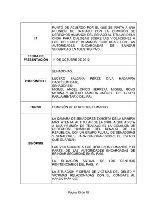 17
PUNTO DE ACUERDO POR EL QUE SE INVITA A UNA
REUNIÓN DE TRABAJO CON LA COMISIÓN DE
DERECHOS HUMANOS DEL SENADO AL TITULAR DE LA
CNDH PARA DIALOGAR SOBRE LAS VIOLACIONES A
LOS DERECHOS HUMANOS COMETIDAS POR LAS
AUTORIDADES ENCARGADAS DE BRINDAR
SEGURIDAD EN NUESTRO PÁIS.
FECHA DE
PRESENTACIÓN 11 DE OCTUBRE DE 2012.
PROPONENTE
SENADORAS:
LUCERO SALDAÑA PEREZ, DIVA HADAMIRA
GASTÉLUM BAJO,
SENADORES:
MIGUEL ÁNGEL CHICO HERRERA, MIGUEL ROMO
MEDINA Y ARTURO ZAMORA JIMÉNEZ., DEL GRUPO
PARLAMENTARIO DEL PRI.
TURNO COMISIÓN DE DERECHOS HUMANOS.
SINÓPSIS
LA CÁMARA DE SENADORES EXHORTA DE LA MANERA
MÁS ATENTA, AL TITULAR DE LA CNDH A QUE ASISTA
A UNA REUNIÓN DE TRABAJO EN LA COMISIÓN DE
DERECHOS HUMANOS DEL SENADO DE LA
REPÚBLICA, CON UN GRUPO PLURAL DE SENADORAS
Y SENADORES, PARA DIALOGAR SOBRE EL ESTADO
QUE GUARDAN:
LAS VIOLACIONES A LOS DERECHOS HUMANOS POR
PARTE DE LAS AUTORIDADES ENCARGADAS DE
BRINDAR SEGURIDAD EN EL PAÍS.
LA SITUACIÓN ACTUAL DE LOS CENTROS
PENITENCIARIOS DEL PAÍS; Y,
LA SITUACIÓN Y CIFRAS DE VÍCTIMAS DEL DELITO Y
VÍCTIMAS RELACIONADAS CON EL COMBATE AL
NARCOTRÁFICO.
Página 25 de 80
 
