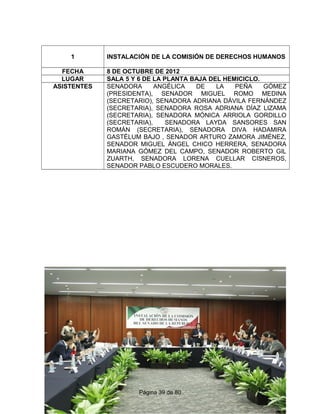 1 INSTALACIÓN DE LA COMISIÓN DE DERECHOS HUMANOS
FECHA 8 DE OCTUBRE DE 2012
LUGAR SALA 5 Y 6 DE LA PLANTA BAJA DEL HEMICICLO.
ASISTENTES SENADORA ANGÉLICA DE LA PEÑA GÓMEZ
(PRESIDENTA), SENADOR MIGUEL ROMO MEDINA
(SECRETARIO), SENADORA ADRIANA DÁVILA FERNÁNDEZ
(SECRETARIA), SENADORA ROSA ADRIANA DÍAZ LIZAMA
(SECRETARIA), SENADORA MÓNICA ARRIOLA GORDILLO
(SECRETARIA), SENADORA LAYDA SANSORES SAN
ROMÁN (SECRETARIA), SENADORA DIVA HADAMIRA
GASTÉLUM BAJO , SENADOR ARTURO ZAMORA JIMÉNEZ,
SENADOR MIGUEL ÁNGEL CHICO HERRERA, SENADORA
MARIANA GÓMEZ DEL CAMPO, SENADOR ROBERTO GIL
ZUARTH, SENADORA LORENA CUELLAR CISNEROS,
SENADOR PABLO ESCUDERO MORALES.
Página 39 de 80
 