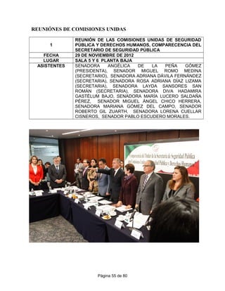 REUNIÓNES DE COMISIONES UNIDAS
1
REUNIÓN DE LAS COMISIONES UNIDAS DE SEGURIDAD
PÚBLICA Y DERECHOS HUMANOS, COMPARECENCIA DEL
SECRETARIO DE SEGURIDAD PÚBLICA
FECHA 29 DE NOVIEMBRE DE 2012
LUGAR SALA 5 Y 6 PLANTA BAJA
ASISTENTES SENADORA ANGÉLICA DE LA PEÑA GÓMEZ
(PRESIDENTA), SENADOR MIGUEL ROMO MEDINA
(SECRETARIO), SENADORA ADRIANA DÁVILA FERNÁNDEZ
(SECRETARIA), SENADORA ROSA ADRIANA DÍAZ LIZAMA
(SECRETARIA), SENADORA LAYDA SANSORES SAN
ROMÁN (SECRETARIA), SENADORA DIVA HADAMIRA
GASTÉLUM BAJO, SENADORA MARÍA LUCERO SALDAÑA
PÉREZ, SENADOR MIGUEL ÁNGEL CHICO HERRERA,
SENADORA MARIANA GÓMEZ DEL CAMPO, SENADOR
ROBERTO GIL ZUARTH, SENADORA LORENA CUELLAR
CISNEROS, SENADOR PABLO ESCUDERO MORALES.
Página 55 de 80
 