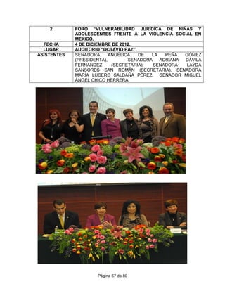 2 FORO “VULNERABILIDAD JURÍDICA DE NIÑAS Y
ADOLESCENTES FRENTE A LA VIOLENCIA SOCIAL EN
MÉXICO,
FECHA 4 DE DICIEMBRE DE 2012.
LUGAR AUDITORIO “OCTAVIO PAZ”.
ASISTENTES SENADORA ANGÉLICA DE LA PEÑA GÓMEZ
(PRESIDENTA), SENADORA ADRIANA DÁVILA
FERNÁNDEZ (SECRETARIA), SENADORA LAYDA
SANSORES SAN ROMÁN (SECRETARIA), SENADORA
MARÍA LUCERO SALDAÑA PÉREZ, SENADOR MIGUEL
ÁNGEL CHICO HERRERA.
Página 67 de 80
 