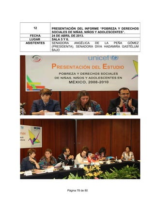 Página 78 de 80
12 PRESENTACIÓN DEL INFORME “POBREZA Y DERECHOS
SOCIALES DE NIÑAS, NIÑOS Y ADOLESCENTES”.
FECHA 24 DE ABRIL DE 2013.
LUGAR SALA 5 Y 6.
ASISTENTES SENADORA ANGÉLICA DE LA PEÑA GÓMEZ
(PRESIDENTA). SENADORA DIVA HADAMIRA GASTÉLUM
BAJO
 
