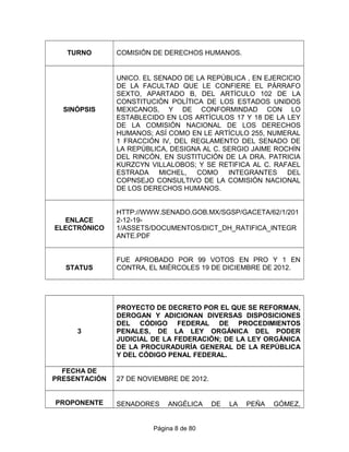 TURNO COMISIÓN DE DERECHOS HUMANOS.
SINÓPSIS
UNICO. EL SENADO DE LA REPÚBLICA , EN EJERCICIO
DE LA FACULTAD QUE LE CONFIERE EL PÁRRAFO
SEXTO, APARTADO B, DEL ARTÍCULO 102 DE LA
CONSTITUCIÓN POLÍTICA DE LOS ESTADOS UNIDOS
MEXICANOS, Y DE CONFORMINDAD CON LO
ESTABLECIDO EN LOS ARTÍCULOS 17 Y 18 DE LA LEY
DE LA COMISIÓN NACIONAL DE LOS DERECHOS
HUMANOS; ASÍ COMO EN LE ARTÍCULO 255, NUMERAL
1 FRACCIÓN IV, DEL REGLAMENTO DEL SENADO DE
LA REPÚBLICA, DESIGNA AL C. SERGIO JAIME ROCHÍN
DEL RINCÓN, EN SUSTITUCIÓN DE LA DRA. PATRICIA
KURZCYN VILLALOBOS; Y SE RETIFICA AL C. RAFAEL
ESTRADA MICHEL, COMO INTEGRANTES DEL
COPNSEJO CONSULTIVO DE LA COMISIÓN NACIONAL
DE LOS DERECHOS HUMANOS.
ENLACE
ELECTRÓNICO
HTTP://WWW.SENADO.GOB.MX/SGSP/GACETA/62/1/201
2-12-19-
1/ASSETS/DOCUMENTOS/DICT_DH_RATIFICA_INTEGR
ANTE.PDF
STATUS
FUE APROBADO POR 99 VOTOS EN PRO Y 1 EN
CONTRA, EL MIÉRCOLES 19 DE DICIEMBRE DE 2012.
3
PROYECTO DE DECRETO POR EL QUE SE REFORMAN,
DEROGAN Y ADICIONAN DIVERSAS DISPOSICIONES
DEL CÓDIGO FEDERAL DE PROCEDIMIENTOS
PENALES, DE LA LEY ORGÁNICA DEL PODER
JUDICIAL DE LA FEDERACIÓN; DE LA LEY ORGÁNICA
DE LA PROCURADURÍA GENERAL DE LA REPÚBLICA
Y DEL CÓDIGO PENAL FEDERAL.
FECHA DE
PRESENTACIÓN 27 DE NOVIEMBRE DE 2012.
PROPONENTE SENADORES ANGÉLICA DE LA PEÑA GÓMEZ,
Página 8 de 80
 