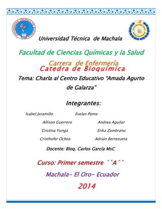 Universidad Técnica de Machala

Facultad de Ciencias Químicas y la Salud
Carrera de Enfermería
Catedra de Bioquímica
Tema: Charla al Centro Educativo “Amada Agurto
de Galarza”

Integrantes:
Isabel Jaramillo

Evelyn Poma

Allison Guerrero

Andrea Aguilar

Cristina Yunga

Erika Zambrano

Cristhofer Ochoa

Adrián Berrezueta

Docente: Bioq. Carlos García MsC

Curso: Primer semestre ´´A´´
Machala- El Oro- Ecuador

2014

 