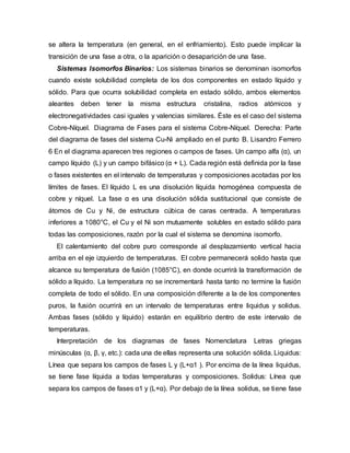 se altera la temperatura (en general, en el enfriamiento). Esto puede implicar la
transición de una fase a otra, o la aparición o desaparición de una fase.
Sistemas Isomorfos Binarios: Los sistemas binarios se denominan isomorfos
cuando existe solubilidad completa de los dos componentes en estado líquido y
sólido. Para que ocurra solubilidad completa en estado sólido, ambos elementos
aleantes deben tener la misma estructura cristalina, radios atómicos y
electronegatividades casi iguales y valencias similares. Éste es el caso del sistema
Cobre-Níquel. Diagrama de Fases para el sistema Cobre-Níquel. Derecha: Parte
del diagrama de fases del sistema Cu-Ni ampliado en el punto B. Lisandro Ferrero
6 En el diagrama aparecen tres regiones o campos de fases. Un campo alfa (α), un
campo líquido (L) y un campo bifásico (α + L). Cada región está definida por la fase
o fases existentes en el intervalo de temperaturas y composiciones acotadas por los
límites de fases. El líquido L es una disolución líquida homogénea compuesta de
cobre y níquel. La fase α es una disolución sólida sustitucional que consiste de
átomos de Cu y Ni, de estructura cúbica de caras centrada. A temperaturas
inferiores a 1080°C, el Cu y el Ni son mutuamente solubles en estado sólido para
todas las composiciones, razón por la cual el sistema se denomina isomorfo.
El calentamiento del cobre puro corresponde al desplazamiento vertical hacia
arriba en el eje izquierdo de temperaturas. El cobre permanecerá solido hasta que
alcance su temperatura de fusión (1085°C), en donde ocurrirá la transformación de
sólido a líquido. La temperatura no se incrementará hasta tanto no termine la fusión
completa de todo el sólido. En una composición diferente a la de los componentes
puros, la fusión ocurrirá en un intervalo de temperaturas entre liquidus y solidus.
Ambas fases (sólido y líquido) estarán en equilibrio dentro de este intervalo de
temperaturas.
Interpretación de los diagramas de fases Nomenclatura Letras griegas
minúsculas (α, β, γ, etc.): cada una de ellas representa una solución sólida. Liquidus:
Línea que separa los campos de fases L y (L+α1 ). Por encima de la línea liquidus,
se tiene fase líquida a todas temperaturas y composiciones. Solidus: Línea que
separa los campos de fases α1 y (L+α). Por debajo de la línea solidus, se tiene fase
 