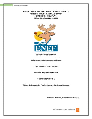 BIANCA EDITH LUNA GUTIÉRREZ 1
1 RIQUEZA MEXICANA
ESCUELA NORMAL EXPERIMENTAL DE EL FUERTE
“PROFR. MIGUEL CASTILLO CRUZ”
EXTENSIÓN MAZATLÁN
CICLO ESCOLAR 2015-2016
EDUCACIÓN PRIMARIA
Asignatura: Adecuación Curricular
Luna Gutiérrez Bianca Edith
Informe: Riqueza Mexicana
3° Semestre Grupo: C
Titular de la materia: Profa. Xiomara Gutiérrez Morales
Mazatlán Sinaloa, Noviembre del 2015
 