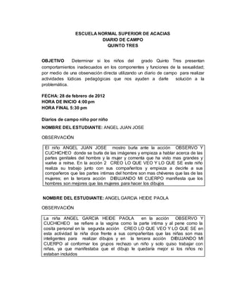 ESCUELA NORMAL SUPERIOR DE ACACIAS
DIARIO DE CAMPO
QUINTO TRES
OBJETIVO Determinar si los niños del grado Quinto Tres presentan
comportamientos inadecuados en los componentes y funciones de la sexualidad;
por medio de una observación directa utilizando un diario de campo para realizar
actividades lúdicas pedagógicas que nos ayuden a darle solución a la
problemática.
FECHA: 28 de febrero de 2012
HORA DE INICIO 4:00 pm
HORA FINAL 5:30 pm
Diarios de campo niño por niño
NOMBRE DEL ESTUDIANTE: ANGEL JUAN JOSE
OBSERVACIÓN
NOMBRE DEL ESTUDIANTE: ANGEL GARCIA HEIDE PAOLA
OBSERVACIÓN
El niño ANGEL JUAN JOSE mostro burla ante la acción OBSERVO Y
CUCHICHEO donde se burla de las imágenes y empieza a hablar acerca de las
partes genitales del hombre y la mujer y comenta que ha visto mas grandes y
vuelve a reírse. En la acción 2 CREO LO QUE VEO Y LO QUE SE este niño
realiza su trabajo junto con sus compañeritos y empieza a decirle a sus
compañeros que las partes intimas del hombre son mas chéveres que las de las
mujeres; en la tercera acción DIBUJANDO MI CUERPO manifiesta que los
hombres son mejores que las mujeres para hacer los dibujos
La niña ANGEL GARCIA HEIDE PAOLA en la acción OBSERVO Y
CUCHICHEO se refiere a la vagina como la parte intima y al pene como la
cosita personal en la segunda acción CREO LO QUE VEO Y LO QUE SE en
esta actividad la niña dice frente a sus compañeritas que las niñas son mas
inteligentes para realizar dibujos y en la tercera acción DIBUJANDO MI
CUERPO al conformar los grupos rechazo un niño y solo quiso trabajar con
niñas, ya que manifestaba que el dibujo le quedaría mejor si los niños no
estaban incluidos
 