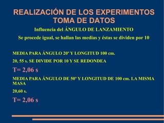 REALIZACIÓN DE LOS EXPERIMENTOS 
TOMA DE DATOS 
Influencia del ÁNGULO DE LANZAMIENTO 
Se procede igual, se hallan las medias y éstas se dividen por 10 
MEDIA PARA ÁNGULO 20º Y LONGITUD 100 cm. 
20, 55 s. SE DIVIDE POR 10 Y SE REDONDEA 
T= 2,06 s 
MEDIA PARA ÁNGULO DE 50º Y LONGITUD DE 100 cm. LA MISMA 
MASA 
20,60 s. 
T= 2,06 s 
 