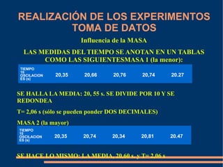REALIZACIÓN DE LOS EXPERIMENTOS 
TOMA DE DATOS 
Influencia de la MASA 
LAS MEDIDAS DEL TIEMPO SE ANOTAN EN UN TABLAS 
COMO LAS SIGUIENTESMASA 1 (la menor): 
TIEMPO 
10 
OSCILACION 
ES (s) 
20,35 20,66 20,76 20,74 20.27 
SE HALLA LA MEDIA: 20, 55 s. SE DIVIDE POR 10 Y SE 
REDONDEA 
T= 2,06 s (sólo se pueden ponder DOS DECIMALES) 
MASA 2 (la mayor) 
TIEMPO 
10 
OSCILACION 
ES (s) 
20,35 20,74 20,34 20,81 20.47 
SE HACE LO MISMO: LA MEDIA, 20,60 s. y T= 2,06 s 
 