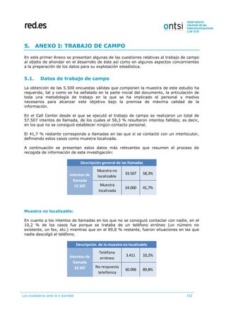 Los ciudadanos ante la e-Sanidad 102
5. ANEXO I: TRABAJO DE CAMPO
En este primer Anexo se presentan algunas de las cuestiones relativas al trabajo de campo
al objeto de ahondar en el desarrollo de éste así como en algunos aspectos concernientes
a la preparación de los datos para su explotación estadística.
5.1. Datos de trabajo de campo
La obtención de las 5.500 encuestas válidas que componen la muestra de este estudio ha
requerido, tal y como se ha señalado en la parte inicial del documento, la articulación de
toda una metodología de trabajo en la que se ha implicado el personal y medios
necesarios para alcanzar este objetivo bajo la premisa de máxima calidad de la
información.
En el Call Center desde el que se ejecutó el trabajo de campo se realizaron un total de
57.507 intentos de llamada, de los cuales el 58,3 % resultaron intentos fallidos; es decir,
en los que no se consiguió establecer ningún contacto personal.
El 41,7 % restante corresponde a llamadas en las que sí se contactó con un interlocutor,
definiendo estos casos como muestra localizada.
A continuación se presentan estos datos más relevantes que resumen el proceso de
recogida de información de esta investigación:
Muestra no localizable:
En cuanto a los intentos de llamadas en los que no se consiguió contactar con nadie, en el
10,2 % de los casos fue porque se trataba de un teléfono erróneo (un número no
existente, un fax, etc.) mientras que en el 89,8 % restante, fueron situaciones en las que
nadie descolgó el teléfono.
Muestra no
localizable
33.507 58,3%
Muestra
localizada
24.000 41,7%
Intentos de
llamada
57.507
Descripción general de las llamadas
Teléfono
erróneo
3.411 10,2%
No respuesta
telefónica
30.096 89,8%
Descripción de la muestra no localizable
Intentos de
llamada
33.507
 