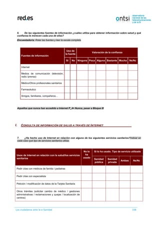 Los ciudadanos ante la e-Sanidad 108
6. De las siguientes fuentes de información ¿cuáles utiliza para obtener información sobre salud y qué
confianza le merecen cada una de ellas?
Encuestador/a: Rotar las fuentes y leer la escala completa
Fuentes de información
Uso de
la fuente
Valoración de la confianza
Sí No Ninguna Poca Alguna Bastante Mucha Ns/Nc
Internet
Medios de comunicación (televisión,
radio /prensa)
Médico/Otros profesionales sanitarios
Farmacéutico
Amigos, familiares, compañeros…
Aquellos que nunca han accedido a Internet P_4= Nunca, pasar a Bloque III
I. CONSULTA DE INFORMACIÓN DE SALUD A TRAVÉS DE INTERNET
7. ¿Ha hecho uso de Internet en relación con alguno de los siguientes servicios sanitarios?Indicar en
cada caso qué tipo de servicios sanitarios utiliza.
Usos de Internet en relación con la salud/los servicios
sanitarios
No lo
ha
usado
Sí lo ha usado. Tipo de servicio utilizado
Sanidad
pública
Sanidad
privada
Ambas Ns/Nc
Pedir citas con médicos de familia / pediatras
Pedir citas con especialista
Petición / modificación de datos de la Tarjeta Sanitaria
Otros trámites (solicitar cambio de médico / gestiones
administrativas / reclamaciones y quejas / localización de
centros)
 