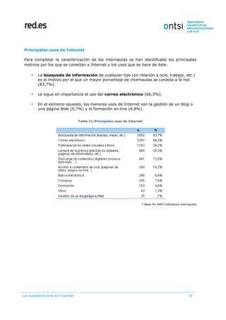 Los ciudadanos ante la e-Sanidad 33
Principales usos de Internet
Para completar la caracterización de los internautas se han identificado los principales
motivos por los que se conectan a Internet y los usos que se hace de éste:
- La búsqueda de información de cualquier tipo (en relación a ocio, trabajo, etc.)
es el motivo por el que un mayor porcentaje de internautas se conecta a la red
(83,7%).
- Le sigue en importancia el uso del correo electrónico (66,3%).
- En el extremo opuesto, los menores usos de Internet son la gestión de un blog o
una página Web (0,7%) y la formación on-line (4,8%).
Tabla 11:Principales usos de Internet
* Base N=3405 individuos internautas
 