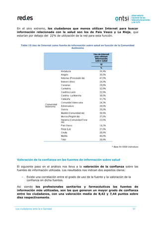 Los ciudadanos ante la e-Sanidad 37
En el otro extremo, los ciudadanos que menos utilizan Internet para buscar
información relacionada con la salud son los de País Vasco y La Rioja, que
estarían por debajo del 22% de utilización de la red para esta función.
Tabla 15:Uso de Internet como fuente de información sobre salud en función de la Comunidad
Autónoma
* Base N=5500 individuos
Valoración de la confianza en las fuentes de información sobre salud
El siguiente paso en el análisis nos lleva a la valoración de la confianza sobre las
fuentes de información utilizada. Los resultados nos indican dos aspectos claros:
- Existe una correlación entre el grado de uso de la fuente y la valoración de la
confianza en dicha fuentes.
Así siendo los profesionales sanitarios y farmacéuticos las fuentes de
información más utilizadas, son las que generan un mayor grado de confianza
entre los ciudadanos, con una valoración media de 8,42 y 7,44 puntos sobre
diez respectivamente.
 