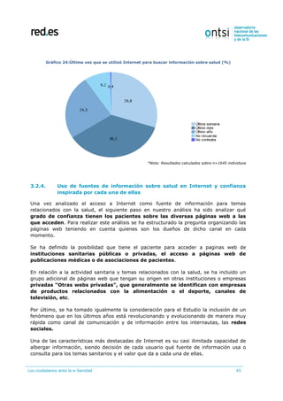 Los ciudadanos ante la e-Sanidad 45
Gráfico 24:Última vez que se utilizó Internet para buscar información sobre salud (%)
*Nota: Resultados calculados sobre n=1645 individuos
3.2.4. Uso de fuentes de información sobre salud en Internet y confianza
inspirada por cada una de ellas
Una vez analizado el acceso a Internet como fuente de información para temas
relacionados con la salud, el siguiente paso en nuestro análisis ha sido analizar qué
grado de confianza tienen los pacientes sobre las diversas páginas web a las
que acceden. Para realizar este análisis se ha estructurado la pregunta organizando las
páginas web teniendo en cuenta quienes son los dueños de dicho canal en cada
momento.
Se ha definido la posibilidad que tiene el paciente para acceder a paginas web de
instituciones sanitarias públicas o privadas, el acceso a páginas web de
publicaciones médicas o de asociaciones de pacientes.
En relación a la actividad sanitaria y temas relacionados con la salud, se ha incluido un
grupo adicional de páginas web que tengan su origen en otras instituciones o empresas
privadas “Otras webs privadas”, que generalmente se identifican con empresas
de productos relacionados con la alimentación o el deporte, canales de
televisión, etc.
Por último, se ha tomado igualmente la consideración para el Estudio la inclusión de un
fenómeno que en los últimos años está revolucionando y evolucionando de manera muy
rápida como canal de comunicación y de información entre los internautas, las redes
sociales.
Una de las características más destacadas de Internet es su casi ilimitada capacidad de
albergar información, siendo decisión de cada usuario qué fuente de información usa o
consulta para los temas sanitarios y el valor que da a cada una de ellas.
 