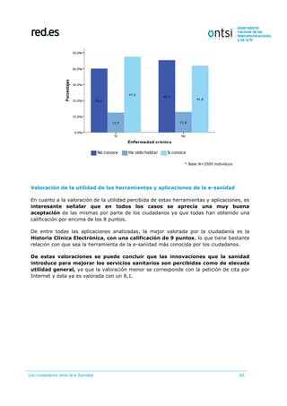 Los ciudadanos ante la e-Sanidad 60
* Base N=5500 individuos
Valoración de la utilidad de las herramientas y aplicaciones de la e-sanidad
En cuanto a la valoración de la utilidad percibida de estas herramientas y aplicaciones, es
interesante señalar que en todos los casos se aprecia una muy buena
aceptación de las mismas por parte de los ciudadanos ya que todas han obtenido una
calificación por encima de los 8 puntos.
De entre todas las aplicaciones analizadas, la mejor valorada por la ciudadanía es la
Historia Clínica Electrónica, con una calificación de 9 puntos, lo que tiene bastante
relación con que sea la herramienta de la e-sanidad más conocida por los ciudadanos.
De estas valoraciones se puede concluir que las innovaciones que la sanidad
introduce para mejorar los servicios sanitarios son percibidas como de elevada
utilidad general, ya que la valoración menor se corresponde con la petición de cita por
Internet y ésta ya es valorada con un 8,1.
No conoce Ha oído hablar Sí conoce
 