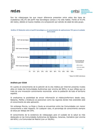 Los ciudadanos ante la e-Sanidad 65
Son los videojuegos los que mayor diferencia presentan entre estos dos tipos de
ciudadanos (56,1% del perfil más tecnológico conoce o ha oído hablar, frente al 47,4%
del resto), debido en buena medida a la composición por estrato de edad de este grupo.
Gráfico 37:Relación entre el perfil tecnológico y el conocimiento de aplicaciones TIC para el cuidado
de la salud
* Base N=5500 individuos
Análisis por CCAA
En cuanto al conocimiento de la petición de la cita médica por Internet presenta niveles
altos en todas las Comunidades Autónomas (por encima del 80%), lo que refleja que se
trata de una innovación comúnmente reconocida entre la población de todo el territorio
español.
Si analizamos la posibilidad de enviar información al médico/enfermero desde casa,
Baleares, Melilla y Andalucía se posicionan como las regiones donde más extendido está
el conocimiento de esta aplicación.
Sin embargo Murcia, La Rioja o Ceuta se encuentran entre las Comunidades con menor
conocimiento a este respecto. En cualquier caso, el porcentaje de conocimiento siempre
se sitúa por debajo del 25%.
El conocimiento de la existencia de videojuegos para el cuidado de la salud es más
destacado en las Comunidades Autónomas de Baleares, Canarias, Cantabria (por encima
del 60%) y la Comunidad de Madrid (con un 58,8%).
 