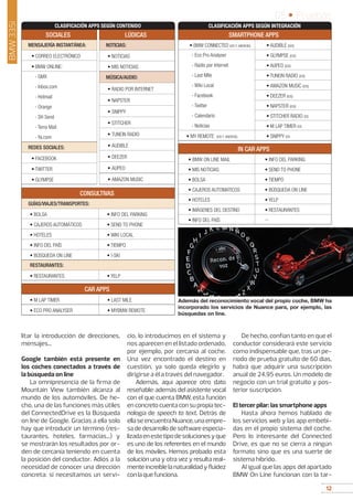 12
05 • Pruebas
12
litar la introducción de direcciones,
mensajes...
Google también está presente en
los coches conectados a través de
la búsqueda on line
La omnipresencia de la firma de
Mountain View también alcanza al
mundo de los automóviles. De he-
cho, una de las funciones más útiles
del ConnectedDrive es la Búsqueda
on line de Google. Gracias a ella solo
hay que introducir un término (res-
taurantes, hoteles, farmacias...) y
se mostrarán los resultados por or-
den de cercanía teniendo en cuenta
la posición del conductor. Adiós a la
necesidad de conocer una dirección
concreta: si necesitamos un servi-
cio, lo introducimos en el sistema y
nos aparecen en el listado ordenado,
por ejemplo, por cercanía al coche.
Una vez encontrado el destino en
cuestión, ya solo queda elegirlo y
dirigirse a él a través del navegador.
Además, aquí aparece otro dato
reseñable: además del asistente vocal
con el que cuenta BMW, esta función
en concreto cuenta con su propia tec-
nología de speech to text. Detrás de
ellaseencuentraNuance,unaempre-
sa de desarrollo de software especia-
lizadaenestetipodesolucionesyque
es uno de los referentes en el mundo
de los móviles. Hemos probado esta
solución una y otra vez y resulta real-
menteincreíblelanaturalidadyfluidez
conlaquefunciona.
De hecho, confían tanto en que el
conductor considerará este servicio
como indispensable que, tras un pe-
ríodo de prueba gratuito de 60 días,
habrá que adquirir una suscripción
anual de 24,95 euros. Un modelo de
negocio con un trial gratuito y pos-
terior suscripción.
El tercer pilar: las smartphone apps
Hasta ahora hemos hablado de
los servicios web y las app embebi-
das en el propio sistema del coche.
Pero lo interesante del Connected
Drive, es que no se cierra a ningún
formato sino que es una suerte de
sistema híbrido.
Al igual que las apps del apartado
BMW On Line funcionan con la tar-
BMW335i
SMARTPHONE APPS
• BMW CONNECTED (IOS Y ANDROID) • AUDIBLE (IOS)
- Eco Pro Analyser • GLYMPSE (IOS)
- Radio por Internet • AUPEO (IOS)
- Last MIle • TUNEIN RADIO (IOS)
- Wiki Local • AMAZON MUSIC (IOS)
- Facebook • DEEZER (IOS)
- Twitter • NAPSTER (IOS)
- Calendario • STITCHER RADIO ios
- Noticias • M LAP TIMER ios
• MY REMOTE (IOS Y ANDROID) • SNIPPY ios
CLASIFICACIÓN APPS SEGÚN INTEGRACIÓN
IN CAR APPS
• BMW ON LINE MAIL • INFO DEL PARKING
• MIS NOTICIAS • SEND TO PHONE
• BOLSA • TIEMPO
• CAJEROS AUTOMATICOS • BÚSQUEDA ON LINE
• HOTELES • YELP
• IMÁGENES DEL DESTINO • RESTAURANTES
• INFO DEL PAÍS --
LÚDICAS
NOTICIAS:
• NOTICIAS
• MIS NOTICIAS
MÚSICA/AUDIO:
• RADIO POR INTERNET
• NAPSTER
• SNIPPY
• STITCHER
• TUNEIN RADIO
• AUDIBLE
• DEEZER
• AUPEO
• AMAZON MUSIC
SOCIALES
MENSAJERÍA INSTANTÁNEA:
• CORREO ELECTRÓNICO
• BMW ONLINE:
- GMX
- Inbox.com
- Hotmail
- Orange
- SH Send
- Terra Mail
- Ya.com
REDES SOCIALES:
• FACEBOOK
• TWITTER
• GLYMPSE
CONSULTIVAS
GUÍAS/VIAJES/TRANSPORTES:
• BOLSA • INFO DEL PARKING
• CAJEROS AUTOMÁTICOS • SEND TO PHONE
• HOTELES • WIKI LOCAL
• INFO DEL PAÍS • TIEMPO
• BÚSQUEDA ON LINE • I-SKI
RESTAURANTES:
• RESTAURANTES • YELP
CAR APPS
• M LAP TIMER • LAST MILE
• ECO PRO ANALYSER • MYBMW REMOTE
CLASIFICACIÓN APPS SEGÚN CONTENIDO
Además del reconocimiento vocal del propio coche, BMW ha
incorporado los servicios de Nuance para, por ejemplo, las
búsquedas on line.
 