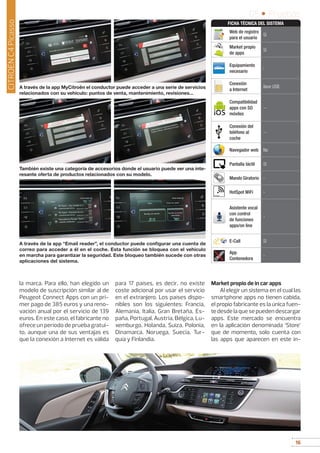 16
05 • Pruebas
16
CITROËNC4Picasso
la marca. Para ello, han elegido un
modelo de suscripción similar al de
Peugeot Connect Apps con un pri-
mer pago de 385 euros y una reno-
vación anual por el servicio de 139
euros. En este caso, el fabricante no
ofrece un período de prueba gratui-
to, aunque una de sus ventajas es
que la conexión a Internet es válida
para 17 países, es decir, no existe
coste adicional por usar el servicio
en el extranjero. Los países dispo-
nibles son los siguientes: Francia,
Alemania, Italia, Gran Bretaña, Es-
paña, Portugal, Austria, Bélgica, Lu-
xemburgo, Holanda, Suiza, Polonia,
Dinamarca, Noruega, Suecia, Tur-
quía y Finlandia.
Market propio de in car apps
Al elegir un sistema en el cual las
smartphone apps no tienen cabida,
el propio fabricante es la única fuen-
te desde la que se pueden descargar
apps. Este mercado se encuentra
en la aplicación denominada ‘Store’
que de momento, solo cuenta con
las apps que aparecen en este in-
A través de la app “Email reader”, el conductor puede configurar una cuenta de
correo para acceder a él en el coche. Esta función se bloquea con el vehículo
en marcha para garantizar la seguridad. Este bloqueo también sucede con otras
aplicaciones del sistema.
También existe una categoría de accesorios donde el usuario puede ver una inte-
resante oferta de productos relacionados con su modelo.
A través de la app MyCitroën el conductor puede acceder a una serie de servicios
relacionados con su vehículo: puntos de venta, mantenimiento, revisiones...
Web de registro
para el usuario
Sí
Market propio
de apps
Sí
Equipamiento
necesario
-
Conexión
a Internet
llave USB
Compatibilidad
apps con SO
móviles
--
Conexión del
teléfono al
coche
--
Navegador web No
Pantalla táctil Sí
Mando Giratorio -
HotSpot WiFi -
Asistente vocal
con control
de funciones
apps/on line
-
E-Call Sí
App
Contenedora
-
FICHA TÉCNICA DEL SISTEMA
Citroën
 