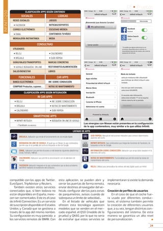 24
05 • Pruebas
24
LÚDICAS
JUEGOS
NOTICIAS/DEPORTES
ESCUCHAS MÚSICA
CONTENIDOS TV/VÍDEO
MODA
CLASIFICACIÓN APPS SEGÚN CONTENIDO
FUNCIONALES
BANCA ELECTRÓNICA
COMPRAR Productos, cupones…
CAR APPS
INF. SOBRE CONDUCCIÓN
NOTAS DE MANTENIMIENTO
SOCIALES
REDES SOCIALES:
• FACEBOOK
CORREO ELECTRÓNICO:
• EMAIL
MENSAJERÍA INSTANTÁNEA
CONSULTIVAS
UTILIDADES:
• RELOJ • CALENDARIO
• BRÚJULA • GUÍA RÁPIDA
GUÍAS/VIAJES/TRANSPORTES: MARCAS CONCRETAS
• GOOGLE BÚSQUEDA ON LINE RESTURANTES/ALIMENTACIÓN
SALUD/BIENESTAR LIBROS
compatible con las apps de Twitter,
EuroSport, TripAdvisor y Reuters.
También existen otros servicios
conectados que, si bien todavía no
están disponibles en España, mere-
cen ser comentados. Este es el caso
de Infiniti Connection. Es un servicio
desuscripcióndisponibleenEstados
Unidos y Canadá que se gestiona a
través de la app del mismo nombre.
Su configuración es muy parecida a
los servicios remotos de BMW. Con
esta aplicación, se pueden abrir y
cerrar las puertas de forma remota,
enviar destinos al navegador del ve-
hículo, configurar alertas para zonas
de parquímetros, avisos cuando de
sobrepasa un límite de velocidad...
En el listado de vehículos que
ofrecen esta tecnología aparecen
modelos que se venden en el mer-
cado español, el Q50 (modelo de la
prueba) y QX60, por lo que no sería
de extrañar que estos servicios se
implementaran si existe la demanda
necesaria.
Creación de perfiles de usuarios
En el caso de que el coche fue-
ra usado por diferentes conduc-
tores, el sistema también permite
la creación de diferentes usuarios
que, a su vez, tengan distintas con-
figuraciones del sistema. De esta
manera se garantiza un alto nivel
de personalización. ■
Las sinergias con Nissan están presentes en la configuración
de la app contenedora, muy similar a la que utiliza Infiniti.
INFINITIQ50
CLASIFICACIÓN APPS SEGÚN INTEGRACIÓN
SMARTPHONE APPS
• INFINITI INTOUCH: • BÚSQUEDA ON LINE DE GOOGLE
- Facebook (IOS/ANDROID)
IN CAR APPS
• RELOJ • INF. SOBRE CONDUCCIÓN
• BRÚJULA • NOTAS DE MANTENIMIENTO
• CALENDARIO • GUÍA RÁPIDA
BRÚJULA. Aplicación que emula el funcionamiento de una brújula digital.
BÚSQUEDA ON LINE DE GOOGLE. Al igual que en Nissan, la app contenedora
permite usar en la pantalla del coche la búsqueda on line de Google.
EMAIL. Aplicacion que permite el acceso a mail desde las siguientes plataformas:
Gmail, Hotmail y Yellmail.
CALENDARIO. Aplicacion que permite la sincronización con el calendario de
Google.
FACEBOOK Aplicación integrada en la app contenedora que se lanza al sistema
del Infiniti mediante el smartphone del conductor..
GUÍA RÁPIDA. Manual de instrucciones interactivo para conocer determinados
aspectos del coche.
INFINITI INTOUCH. App contenedora que integra las funciones de Facebook y la
búsqueda on line de Google.
INFORMACIÓN SOBRE CONDUCCIÓN. Aplicación que arroja datos basados en la
telemetría del coche.
NOTAS DE MANTENIMIENTO. Funcionalidad que permite anotar las tareas de
mantenimiento del coche.
RELOJ. Utilidad para personalizar las esferas del reloj digital usado por Infiniti.
LISTADO DE APPS
 