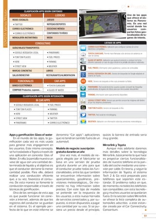 51
05 • Pruebas
51
Apps y gamificación: Glass of water
En el mundo de las apps, la ga-
mificación cada vez es más usada
para generar más engagement en
los usuarios. Este mismo concepto,
se ha trasladado a Toyota a través de
una aplicación en concreto: Glas of
Water. En ella, la pantalla muestra un
vaso de agua con una cantidad de-
terminada de líquido y el objetivo es
que el conductor derrame la menor
cantidad posible. Para ello, deberá
realizar una conducción eficiente
que, a su vez, favorezca el consu-
mo. De esta manera se fomente la
conducción responsable a través de
técnicas de gamificación.
Otra de las ventajas de esta app
es que puede funcionar sin cone-
xión a Internet, además de que los
registros del conductor se guardan
en el sistema. Es el ejemplo per-
fecto de lo que en este informe se
denomina “Car apps”: aplicaciones
que no tendrían sentido fuera de un
automóvil.
Modelo de negocio: suscripción
gratuita durante un año
Una vez más, el modelo de ne-
gocio elegido por el fabricante se
basa en una versión de prueba
gratuita durante un año para que
el conductor pruebe todas las fun-
cionalidades, entre las que también
se encuentran información sobre
aparcamientos, gasolineras, pre-
visiones meteorológicas... De mo-
mento no hay información sobre
precios. Con este tipo de modelo
se pretende ver la respuesta de
los usuarios a esta nueva hornada
de servicios conectados y, por su-
puesto, si están dispuestos a pagar
una cantidad por su uso. Si se pu-
siera un precio desde el principio,
quizás la barrera de entrada sería
muy grande.
Mirrorlink y Toyota
Aunque más adelante daremos
más detalles sobre la tecnología
Mirrorlink, básicamente lo que hace
es proyectar ciertas funcionalida-
des de nuestro teléfono en la pan-
talla del coche mediante una cone-
xión por cable. En teoría, y según la
información de Toyota, el sistema
Toch 2  Go está preparado para
teléfonos que soporten este es-
tándar. El problema radica en que,
de momento, no todos los teléfonos
son compatibles con esta tecnolo-
gía y muchos usuarios se quedarían
fuera. En la sección sobre Mirrorlink
se ofrece la lista completa de au-
tomóviles adscritos a este están-
dar creado por el Car Connectivity
Consortium.  ■
Una de las apps
que ofrece el sis-
tema es Panora-
mio. Es una red
social donde los
usuarios com-
parten fotos geo-
localizadas de lu-
gares de interés.
SOCIALES
REDES SOCIALES:
• TWITTER
CORREO ELECTRÓNICO:
• CORREO ELECTRÓNICO
MENSAJERÍA INSTANTÁNEA
CONSULTIVAS
GUÍAS/VIAJES/TRANSPORTES:
• GOOGLE BÚSQUEDA LOCAL • PANORAMIO
• TOM TOM PLACES • FUEL PRICES
• HERE • PARKING
• STREET VIEW • WEATHER
MARCAS CONCRETAS LIBROS
SALUD/BIENESTAR RESTAURANTES/ALIMENTACION
LÚDICAS
JUEGOS
NOTICIAS/DEPORTES
ESCUCHAS MÚSICA
CONTENDIOS TV/VÍDEO
MODA
CLASIFICACIÓN APPS SEGÚN CONTENIDO
FUNCIONALES
BANCA ELECTRÓNICA
COMPRAR Productos, cupones…
CAR APPS
• TOYOTA EUROCARE
• GLASS OF WATER
CLASIFICACIÓN APPS SEGÚN INTEGRACIÓN
IN CAR APPS
• GOOGLE BÚSQUEDA LOCAL • FUEL PRICES
• TOM TOM PLACES • PARKING
• HERE • WEATHER
• STREET VIEW • TWITTER
• PANORAMIO • CORREO ELECTRÓNICO
CORREO ELECTRÓNICO. Aplicación para configurar cuentas de correo
electrónico compatibles.
TOYOTA EUROCARE. Permite hacer llamadas a los servicios de asistencia en
caso de averías.
GLASS OF WATER. Aplicación que ayuda al conductor a conducir de forma
eficiente colocando un vaso de agua virtual en la pantalla del sistema multimedia.
FUEL PRICES. Información sobre gasolineras y precios de combustible.
GOOGLE BÚSQUEDA ON LINE. Servicio de búsquedas de Google adaptado al
sistema de Toyota.
HERE. Servicio de búsqueda on line cuyo proveedor es Nokia.
PANORAMIO. Red social donde los usuarios pueden compartir las fotografías
geolocalizadas de lugares de intéres para que otros puedan descubrirlos.
PARKING. Información sobre aparcamientos disponibles
GOOGLE STREET VIEW. Servicio que permite conocer las imágenes del destino
al que nos dirijamos previamente.
TOM TOM PLACES. Servicio de búsqueda on line.
TWITTER. Red social de microblogging.
WEATHER. Aplicación con información sobre las previsiones meteorológicas.
LISTADO DE APPS
TOYOTAVerso/Prius+
 