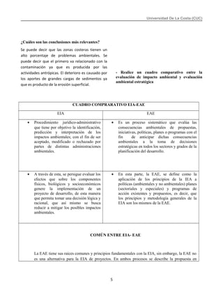 Universidad De La Costa (CUC)
¿Cuáles son las conclusiones más relevantes?
Se puede decir que las zonas costeras tienen un
alto porcentaje de problemas ambientales. Se
puede decir que el primero va relacionado con la
contaminación ya que es producida por las
actividades antrópicas. El deterioro es causado por
los aportes de grandes cargas de sedimentos ya
que es producto de la erosión superficial.
- Realice un cuadro comparativo entre la
evaluación de impacto ambiental y evaluación
ambiental estratégica
CUADRO COMPRARATIVO EIA-EAE
EIA EAE
• Procedimiento jurídico-administrativo
que tiene por objetivo la identificación,
predicción y interpretación de los
impactos ambientales; con el fin de ser
aceptado, modificado o rechazado por
partes de distintas administraciones
ambientales.
• Es un proceso sistemático que evalúa las
consecuencias ambientales de propuestas,
iniciativas, políticas, planes o programas con el
fin de anticipar dichas consecuencias
ambientales a la toma de decisiones
estratégicas en todos los sectores y grados de la
planificación del desarrollo.
• A través de esta, se persigue evaluar los
efectos que sobre los componentes
físicos, biológicos y socioeconómicos
genere la implementación de un
proyecto de desarrollo, de esta manera
que permita tomar una decisión lógica y
racional, que así mismo se busca
reducir a mitigar los posibles impactos
ambientales.
• En esta parte, la EAE, se define como la
aplicación de los principios de la IEA a
políticas (ambientales y no ambientales) planes
(sectoriales y especiales) y programas de
acción existentes y propuestos, es decir, que
los principios y metodología generales de la
EIA son los mismos de la EAE.
COMÚN ENTRE EIA- EAE
La EAE tiene sus raíces comunes y principios fundamentales con la EIA, sin embargo, la EAE no
es una alternativa para la EIA de proyectos. En ambos procesos se describe la propuesta en
5
 