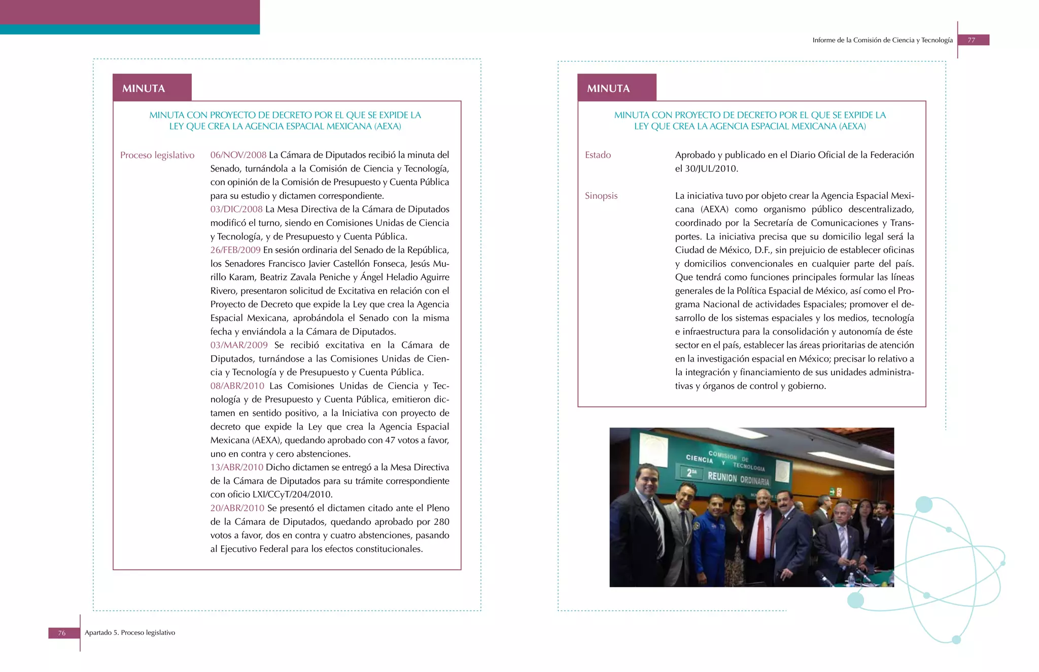 Informe de la Comisión de Ciencia y Tecnología   77




                 minuta                                                                                 minuta

                           minuta con proyecto de decreto por el que se expide la                                minuta con proyecto de decreto por el que se expide la
                              ley que crea la agencia espacial mexicana (aexa)                                      ley que crea la agencia espacial mexicana (aexa)


                 Proceso legislativo   06/NOV/2008 La Cámara de Diputados recibió la minuta del         Estado               Aprobado y publicado en el Diario Oficial de la Federación
                                       Senado, turnándola a la Comisión de Ciencia y Tecnología,                             el 30/JUL/2010.
                                       con opinión de la Comisión de Presupuesto y Cuenta Pública
                                       para su estudio y dictamen correspondiente.                      Sinopsis             La iniciativa tuvo por objeto crear la Agencia Espacial Mexi-
                                       03/DIC/2008 La Mesa Directiva de la Cámara de Diputados                               cana (AEXA) como organismo público descentralizado,
                                       modificó el turno, siendo en Comisiones Unidas de Ciencia                             coordinado por la Secretaría de Comunicaciones y Trans-
                                       y Tecnología, y de Presupuesto y Cuenta Pública.                                      portes. La iniciativa precisa que su domicilio legal será la
                                       26/FEB/2009 En sesión ordinaria del Senado de la República,                           Ciudad de México, D.F., sin prejuicio de establecer oficinas
                                       los Senadores Francisco Javier Castellón Fonseca, Jesús Mu-                           y domicilios convencionales en cualquier parte del país.
                                       rillo Karam, Beatriz Zavala Peniche y Ángel Heladio Aguirre                           Que tendrá como funciones principales formular las líneas
                                       Rivero, presentaron solicitud de Excitativa en relación con el                        generales de la Política Espacial de México, así como el Pro-
                                       Proyecto de Decreto que expide la Ley que crea la Agencia                             grama Nacional de actividades Espaciales; promover el de-
                                       Espacial Mexicana, aprobándola el Senado con la misma                                 sarrollo de los sistemas espaciales y los medios, tecnología
                                       fecha y enviándola a la Cámara de Diputados.                                          e infraestructura para la consolidación y autonomía de éste
                                       03/MAR/2009 Se recibió excitativa en la Cámara de                                     sector en el país, establecer las áreas prioritarias de atención
                                       Diputados, turnándose a las Comisiones Unidas de Cien-                                en la investigación espacial en México; precisar lo relativo a
                                       cia y Tecnología y de Presupuesto y Cuenta Pública.                                   la integración y financiamiento de sus unidades administra-
                                       08/ABR/2010 Las Comisiones Unidas de Ciencia y Tec-                                   tivas y órganos de control y gobierno.
                                       nología y de Presupuesto y Cuenta Pública, emitieron dic-
                                       tamen en sentido positivo, a la Iniciativa con proyecto de
                                       decreto que expide la Ley que crea la Agencia Espacial
                                       Mexicana (AEXA), quedando aprobado con 47 votos a favor,
                                       uno en contra y cero abstenciones.
                                       13/ABR/2010 Dicho dictamen se entregó a la Mesa Directiva
                                       de la Cámara de Diputados para su trámite correspondiente
                                       con oficio LXI/CCyT/204/2010.
                                       20/ABR/2010 Se presentó el dictamen citado ante el Pleno
                                       de la Cámara de Diputados, quedando aprobado por 280
                                       votos a favor, dos en contra y cuatro abstenciones, pasando
                                       al Ejecutivo Federal para los efectos constitucionales.




76   Apartado 5. Proceso legislativo
 