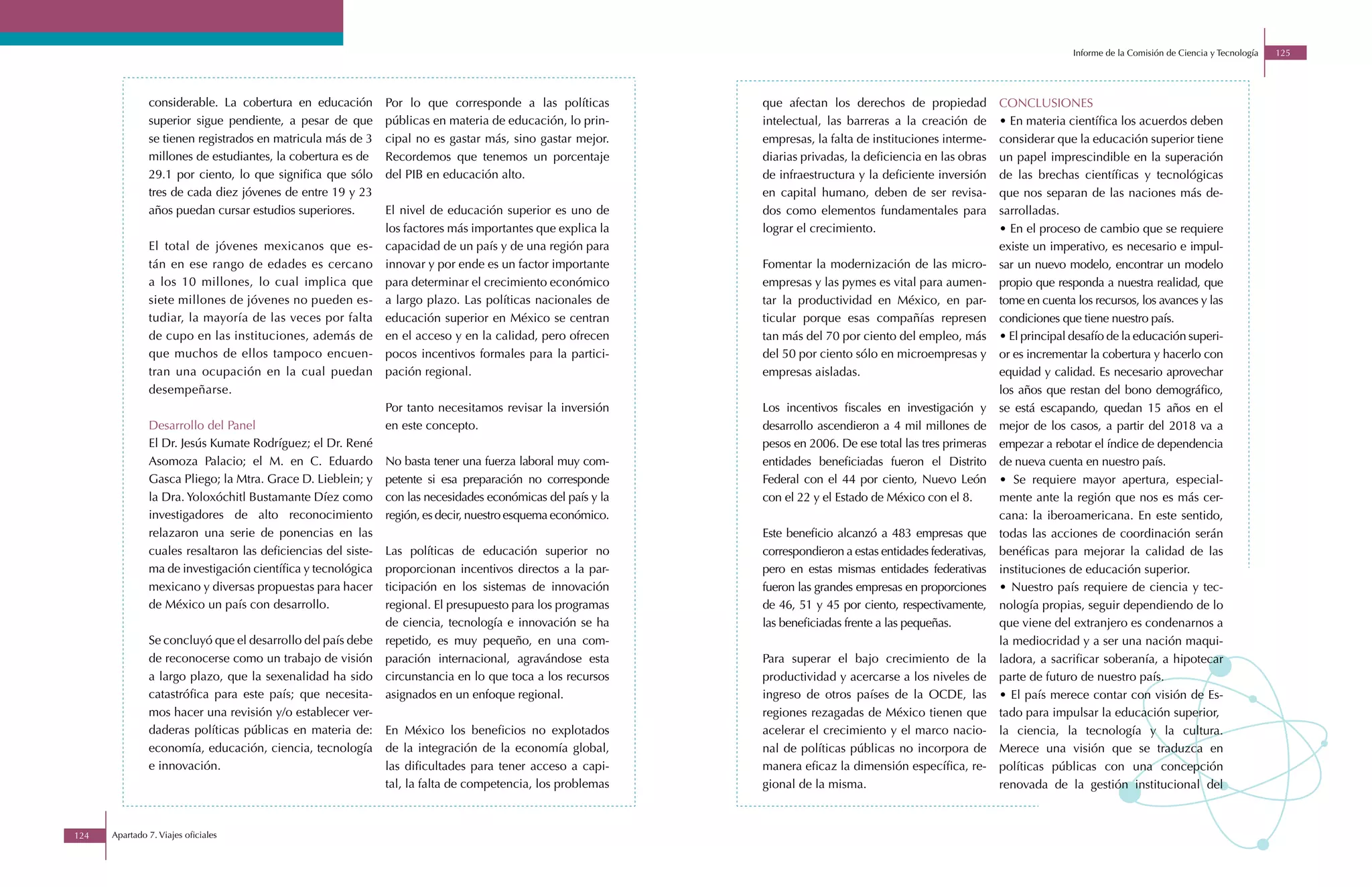 Informe de la Comisión de Ciencia y Tecnología   125




               considerable. La cobertura en educación         Por lo que corresponde a las políticas         que afectan los derechos de propiedad            CONCLUSIONES
               superior sigue pendiente, a pesar de que        públicas en materia de educación, lo prin-     intelectual, las barreras a la creación de       • En materia científica los acuerdos deben
               se tienen registrados en matricula más de 3     cipal no es gastar más, sino gastar mejor.     empresas, la falta de instituciones interme-     considerar que la educación superior tiene
               millones de estudiantes, la cobertura es de     Recordemos que tenemos un porcentaje           diarias privadas, la deficiencia en las obras    un papel imprescindible en la superación
               29.1 por ciento, lo que significa que sólo      del PIB en educación alto.                     de infraestructura y la deficiente inversión     de las brechas científicas y tecnológicas
               tres de cada diez jóvenes de entre 19 y 23                                                     en capital humano, deben de ser revisa-          que nos separan de las naciones más de-
               años puedan cursar estudios superiores.         El nivel de educación superior es uno de       dos como elementos fundamentales para            sarrolladas.
                                                               los factores más importantes que explica la    lograr el crecimiento.                           • En el proceso de cambio que se requiere
               El total de jóvenes mexicanos que es-           capacidad de un país y de una región para                                                       existe un imperativo, es necesario e impul-
               tán en ese rango de edades es cercano           innovar y por ende es un factor importante     Fomentar la modernización de las micro-          sar un nuevo modelo, encontrar un modelo
               a los 10 millones, lo cual implica que          para determinar el crecimiento económico       empresas y las pymes es vital para aumen-        propio que responda a nuestra realidad, que
               siete millones de jóvenes no pueden es-         a largo plazo. Las políticas nacionales de     tar la productividad en México, en par-          tome en cuenta los recursos, los avances y las
               tudiar, la mayoría de las veces por falta       educación superior en México se centran        ticular porque esas compañías represen           condiciones que tiene nuestro país.
               de cupo en las instituciones, además de         en el acceso y en la calidad, pero ofrecen     tan más del 70 por ciento del empleo, más        • El principal desafío de la educación superi-
               que muchos de ellos tampoco encuen-             pocos incentivos formales para la partici-     del 50 por ciento sólo en microempresas y        or es incrementar la cobertura y hacerlo con
               tran una ocupación en la cual puedan            pación regional.                               empresas aisladas.                               equidad y calidad. Es necesario aprovechar
               desempeñarse.                                                                                                                                   los años que restan del bono demográfico,
                                                               Por tanto necesitamos revisar la inversión     Los incentivos fiscales en investigación y       se está escapando, quedan 15 años en el
               Desarrollo del Panel                            en este concepto.                              desarrollo ascendieron a 4 mil millones de       mejor de los casos, a partir del 2018 va a
               El Dr. Jesús Kumate Rodríguez; el Dr. René                                                     pesos en 2006. De ese total las tres primeras    empezar a rebotar el índice de dependencia
               Asomoza Palacio; el M. en C. Eduardo            No basta tener una fuerza laboral muy com-     entidades beneficiadas fueron el Distrito        de nueva cuenta en nuestro país.
               Gasca Pliego; la Mtra. Grace D. Lieblein; y     petente si esa preparación no corresponde      Federal con el 44 por ciento, Nuevo León         • Se requiere mayor apertura, especial-
               la Dra. Yoloxóchitl Bustamante Díez como        con las necesidades económicas del país y la   con el 22 y el Estado de México con el 8.        mente ante la región que nos es más cer-
               investigadores de alto reconocimiento           región, es decir, nuestro esquema económico.                                                    cana: la iberoamericana. En este sentido,
               relazaron una serie de ponencias en las                                                        Este beneficio alcanzó a 483 empresas que        todas las acciones de coordinación serán
               cuales resaltaron las deficiencias del siste-   Las políticas de educación superior no         correspondieron a estas entidades federativas,   benéficas para mejorar la calidad de las
               ma de investigación científica y tecnológica    proporcionan incentivos directos a la par-     pero en estas mismas entidades federativas       instituciones de educación superior.
               mexicano y diversas propuestas para hacer       ticipación en los sistemas de innovación       fueron las grandes empresas en proporciones      • Nuestro país requiere de ciencia y tec-
               de México un país con desarrollo.               regional. El presupuesto para los programas    de 46, 51 y 45 por ciento, respectivamente,      nología propias, seguir dependiendo de lo
                                                               de ciencia, tecnología e innovación se ha      las beneficiadas frente a las pequeñas.          que viene del extranjero es condenarnos a
               Se concluyó que el desarrollo del país debe     repetido, es muy pequeño, en una com-                                                           la mediocridad y a ser una nación maqui-
               de reconocerse como un trabajo de visión        paración internacional, agravándose esta       Para superar el bajo crecimiento de la           ladora, a sacrificar soberanía, a hipotecar
               a largo plazo, que la sexenalidad ha sido       circunstancia en lo que toca a los recursos    productividad y acercarse a los niveles de       parte de futuro de nuestro país.
               catastrófica para este país; que necesita-      asignados en un enfoque regional.              ingreso de otros países de la OCDE, las          • El país merece contar con visión de Es-
               mos hacer una revisión y/o establecer ver-                                                     regiones rezagadas de México tienen que          tado para impulsar la educación superior,
               daderas políticas públicas en materia de:       En México los beneficios no explotados         acelerar el crecimiento y el marco nacio-        la ciencia, la tecnología y la cultura.
               economía, educación, ciencia, tecnología        de la integración de la economía global,       nal de políticas públicas no incorpora de        Merece una visión que se traduzca en
               e innovación.                                   las dificultades para tener acceso a capi-     manera eficaz la dimensión específica, re-       políticas públicas con una concepción
                                                               tal, la falta de competencia, los problemas    gional de la misma.                              renovada de la gestión institucional del



124   Apartado 7. Viajes oficiales
 