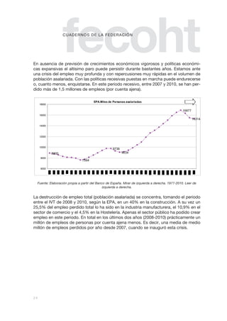 fecoht
                     c u a d e r n o S d e La Fe d e r a c I Ón




En ausencia de previsión de crecimientos económicos vigorosos y políticas económi-
cas expansivas el altísimo paro puede persistir durante bastantes años. Estamos ante
una crisis del empleo muy profunda y con repercusiones muy rápidas en el volumen de
población asalariada. Con las políticas recesivas puestas en marcha puede endurecerse
o, cuanto menos, enquistarse. En este periodo recesivo, entre 2007 y 2010, se han per-
dido más de 1,5 millones de empleos (por cuenta ajena).

                                          EPA.Miles de Personas asalariadas
      18000

                                                                                                     16877
      16000
                                                                                                             15314

      14000



      12000



      10000
                                                       9736
              8900                                            9034
       8000
                                  7594

       6000




     Fuente: Elaboración propia a partir del Banco de España. Mirar de izquierda a derecha. 1977-2010. Leer de
                                                 izquierda a derecha.


La destrucción de empleo total (población asalariada) se concentra, tomando el periodo
entre el IVT de 2008 y 2010, según la EPA, en un 40% en la construcción. A su vez un
25,5% del empleo perdido total lo ha sido en la industria manufacturera, el 10,9% en el
sector de comercio y el 4,5% en la Hostelería. Apenas el sector público ha podido crear
empleo en este periodo. En total en los últimos dos años (2008-2010) prácticamente un
millón de empleos de personas por cuenta ajena menos. Es decir, una media de medio
millón de empleos perdidos por año desde 2007, cuando se inauguró esta crisis.




24
 