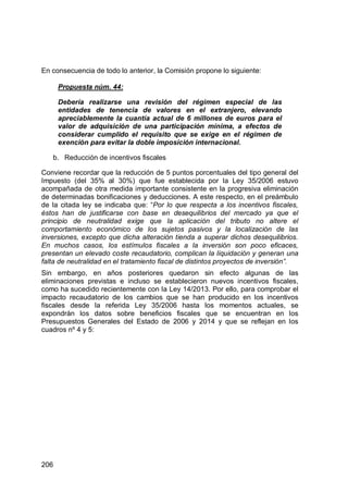 206
En consecuencia de todo lo anterior, la Comisión propone lo siguiente:
Propuesta núm. 44:
Debería realizarse una revisión del régimen especial de las
entidades de tenencia de valores en el extranjero, elevando
apreciablemente la cuantía actual de 6 millones de euros para el
valor de adquisición de una participación mínima, a efectos de
considerar cumplido el requisito que se exige en el régimen de
exención para evitar la doble imposición internacional.
b. Reducción de incentivos fiscales
Conviene recordar que la reducción de 5 puntos porcentuales del tipo general del
Impuesto (del 35% al 30%) que fue establecida por la Ley 35/2006 estuvo
acompañada de otra medida importante consistente en la progresiva eliminación
de determinadas bonificaciones y deducciones. A este respecto, en el preámbulo
de la citada ley se indicaba que: “Por lo que respecta a los incentivos fiscales,
éstos han de justificarse con base en desequilibrios del mercado ya que el
principio de neutralidad exige que la aplicación del tributo no altere el
comportamiento económico de los sujetos pasivos y la localización de las
inversiones, excepto que dicha alteración tienda a superar dichos desequilibrios.
En muchos casos, los estímulos fiscales a la inversión son poco eficaces,
presentan un elevado coste recaudatorio, complican la liquidación y generan una
falta de neutralidad en el tratamiento fiscal de distintos proyectos de inversión”.
Sin embargo, en años posteriores quedaron sin efecto algunas de las
eliminaciones previstas e incluso se establecieron nuevos incentivos fiscales,
como ha sucedido recientemente con la Ley 14/2013. Por ello, para comprobar el
impacto recaudatorio de los cambios que se han producido en los incentivos
fiscales desde la referida Ley 35/2006 hasta los momentos actuales, se
expondrán los datos sobre beneficios fiscales que se encuentran en los
Presupuestos Generales del Estado de 2006 y 2014 y que se reflejan en los
cuadros nº 4 y 5:
 