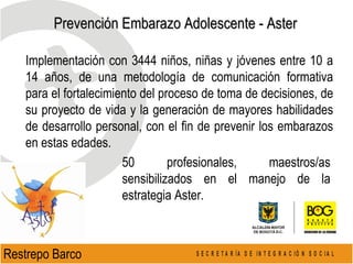 Prevención Embarazo Adolescente - Aster Restrepo Barco  Implementación con 3444  niños, niñas y jóvenes entre 10 a 14 años , de una metodología  de comunicación formativa para el fortalecimiento del proceso de toma de decisiones, de  su proyecto de vida y la generación de mayores habilidades de desarrollo personal, con el fin de prevenir los embarazos en estas edades . 50 profesionales, maestros/as sensibilizados en el manejo de la estrategia Aster.  