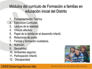 Módulos del currículo de Formación a familias en educación inicial del Distrito Fundamentación Teórica. Estructura Curricular. Lectura de la realidad. Vínculo afectivo. Papel de la familia en el desarrollo infantil. Relaciones de poder. Familia y formación ciudadana. Nutrición. Sexualidad.  Ambientes seguros. Participación Infantil. Discapacidad. CINDE/Saldarriaga/Somos Más 
