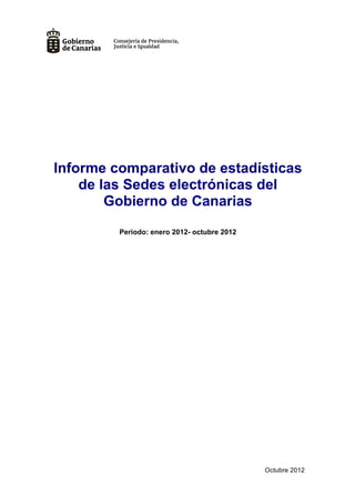 Informe comparativo de estadísticas
    de las Sedes electrónicas del
        Gobierno de Canarias
         Periodo: enero 2012- octubre 2012




                                             Octubre 2012
 