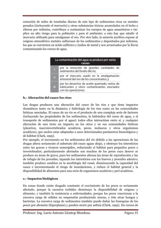 remoción de miles de toneladas diarias de este tipo de sedimentos ricos en metales
pesados (incluyendo el mercurio) y otras substancias tóxicas acumulados en el lecho y
riberas por milenios, contribuye a contaminar los cuerpos de agua amazónicos e im-
plica un alto riesgo para la población y para el ambiente; a esto hay que añadir el
mercurio utilizado para amalgamar el oro. Por otro lado, la minería aurífera expone al
oxígeno atmosférico metales sulfurosos de los sedimentos y depositados por milenios,
los que se convierten en ácido sulfúrico y óxidos de metal y son arrastrados por la lluvia
contaminando los cursos de agua.




b.- Alteración del cauce los ríos:

Las dragas producen una alteración del cauce de los ríos y que tiene impactos
dramáticos tanto en la dinámica e hidrología de los ríos como en las comunidades
bióticas asociadas. El cauce de un río es el producto de una compleja serie de factores
(incluyendo las propiedades de los sedimentos, la hidráulica del curso de agua, y el
transporte de sedimentos por el agua); todos ellos interactúan entre sí, y cualquier
alteración de uno tiene un impacto en los otros y en sus comunidades bióticas
(plancton, macroinvertebrados acuáticos, peces, moluscos y otros organismos
acuáticos), que suelen estar adaptadas a unos determinados parámetros limnológicos y
de hábitat (Clark, 1995).
Por ejemplo, el incremento en los sedimentos del río debido a las operaciones de las
dragas altera seriamente el substrato del cauce aguas abajo, y obstruye los intersticios
entre las gravas y troncos sumergidos, reduciendo el hábitat para pequeños peces e
invertebrados; particularmente afectados son muchos de los peces cuyo desove se
produce en áreas de grava, pues los sedimentos alteran las áreas de reproducción y las
de refugio de los juveniles, tapando los intersticios con los huevos y juveniles adentro;
también produce cambios en la morfología del canal, disminuyendo la capacidad del
cauce e incrementando el riesgo de inundaciones, y reduce el hábitat general y la
disponibilidad de alimentos para una serie de organismos acuáticos y peri acuáticos.

c.- Impactos biológicos

En zonas donde existe dragado constante el crecimiento de los peces es seriamente
afectado, porque la excesiva turbidez disminuye la disponibilidad de oxígeno y
alimento, y también la resistencia a enfermedades, porque los peces reaccionan a la
excesiva carga de sólidos en suspensión produciendo mucus, y éste atrae hongos y
bacterias. La excesiva carga de sedimentos también puede dañar las branquias de los
peces por abrasión (hiperplasia) y pueden morir por asfixia (Clark, 1995). En cursos de

Profesor: Ing. Lucio Antonio Llontop Mendoza.                                  Página 35
 