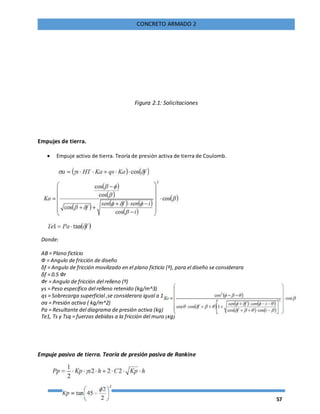 57
CONCRETO ARMADO 2
Figura 2.1: Solicitaciones
Empujes de tierra.
 Empuje activo de tierra. Teoría de presión activa de tierra de Coulomb.
Donde:
AB = Plano ficticio
Ф = Angulo de fricción de diseño
δf = Angulo de fricción movilizado en el plano ficticio (º), para el diseño se considerara
δf = 0.5 Фr
Фr = Angulo de fricción del relleno (º)
γs = Peso específico del relleno retenido (kg/m^3)
qs = Sobrecarga superficial ,se considerara igual a 1000kg/m^2
σa = Presión activa ( kg/m^2)
Pa = Resultante del diagrama de presión activa (kg)
Te1, Ts y Tsq = fuerzas debidas a la fricción del muro (kg)
Empuje pasivo de tierra. Teoría de presión pasiva de Rankine
 